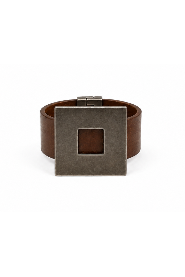 Brown leather necklace with a large polished stainless steel square