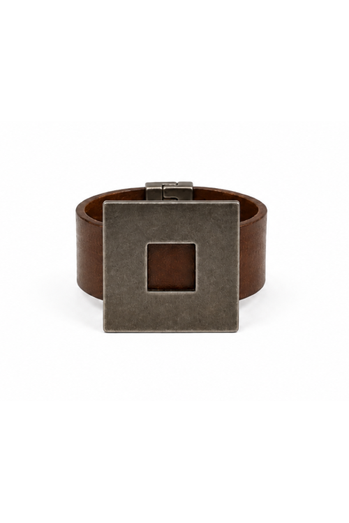 Brown leather necklace with a large polished stainless steel square