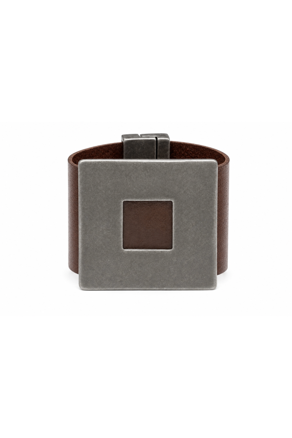 Wide brown leather bracelet with a large matte stainless steel square