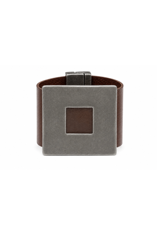 Wide brown leather bracelet with a large matte stainless steel square