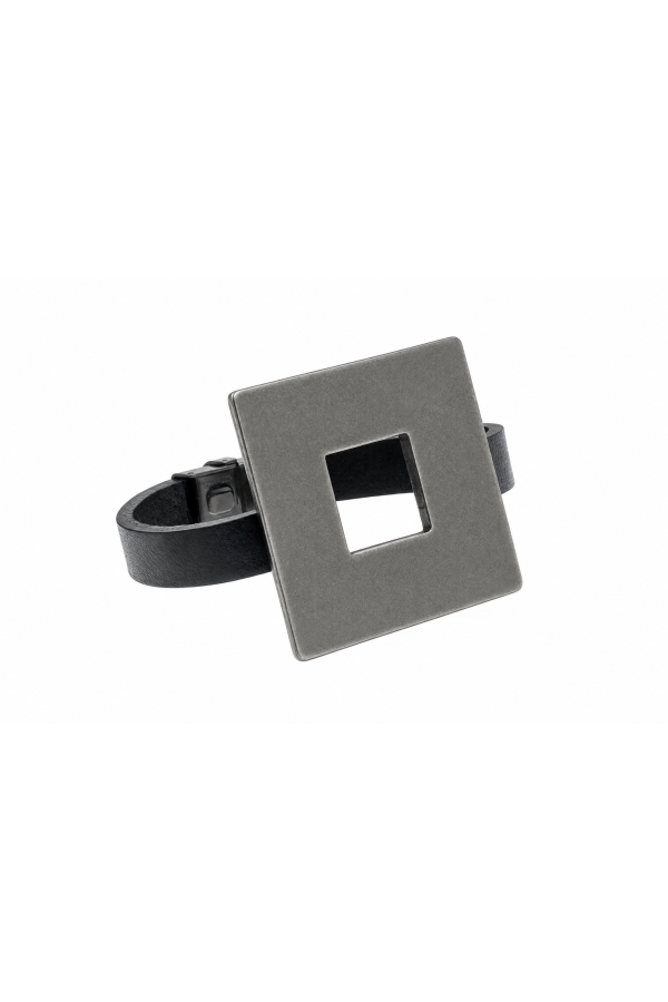 Black leather bracelet with large matte stainless steel square