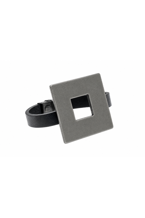 Black leather bracelet with large matte stainless steel square