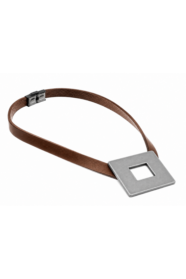 Brown leather necklace with a large matte stainless steel square