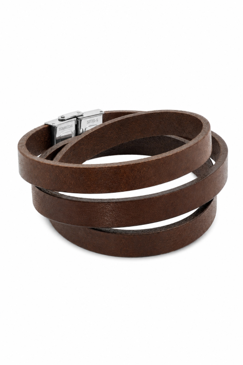 Women's triple-wrap brown leather bracelet with black clasp