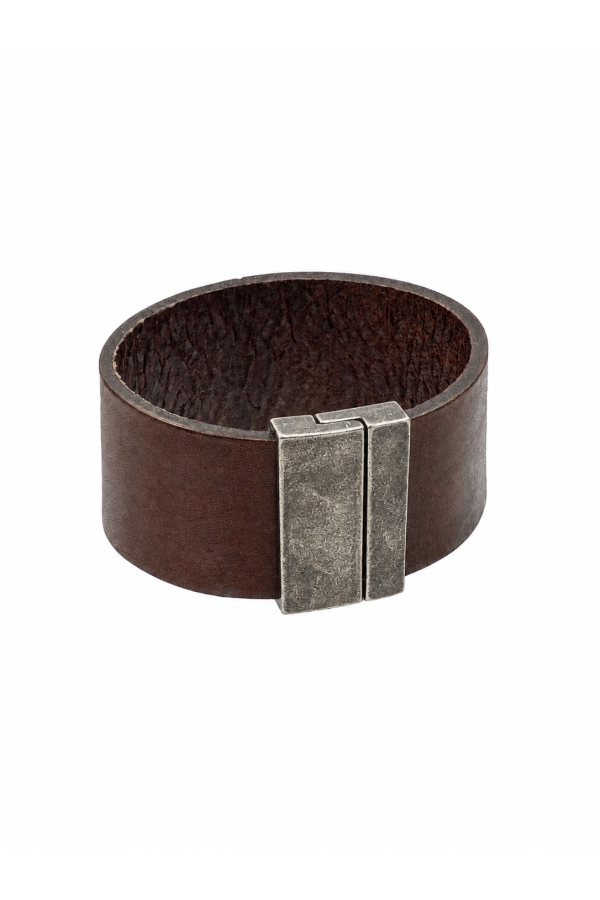 Brown leather bracelet with an antique-finish stainless steel clasp