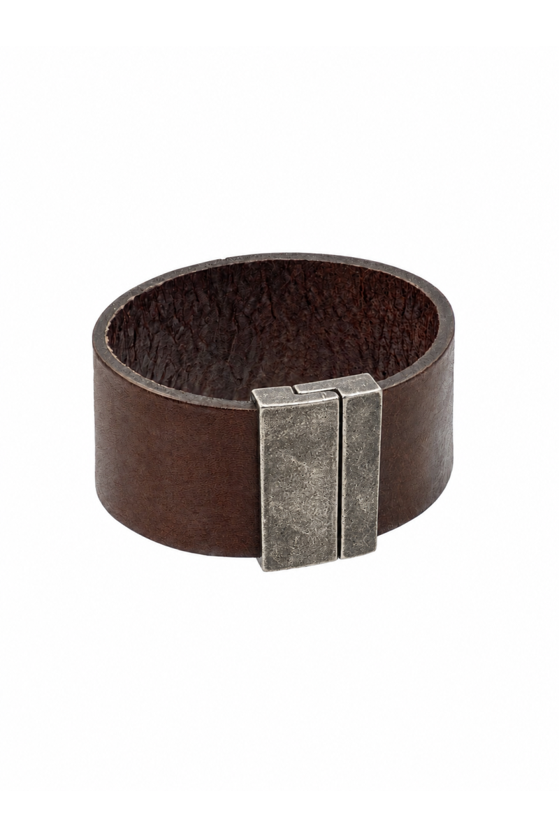 Brown leather bracelet with an antique-finish stainless steel clasp