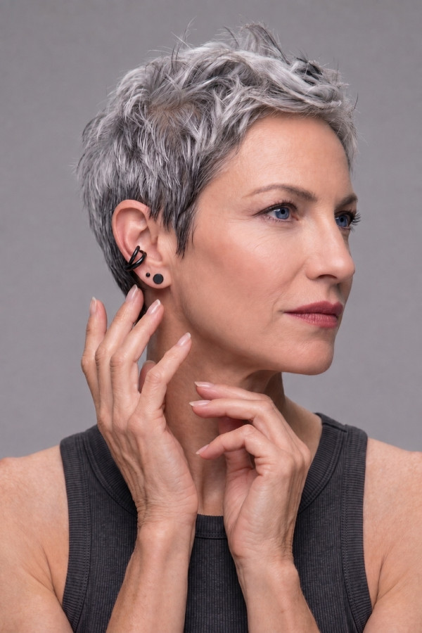 An interlaced-design earpiece made of matt black stainless steel 2