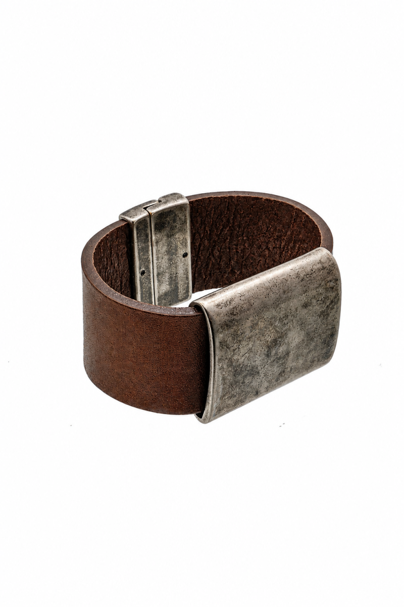 Brown leather bracelet with a matte stainless steel element