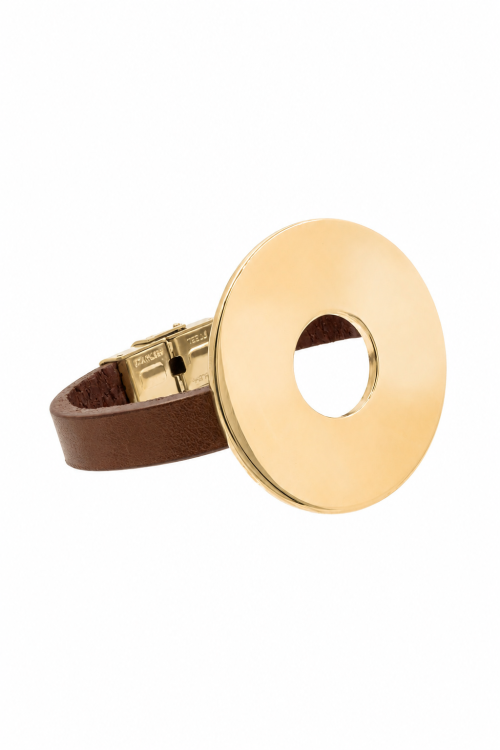 Brown leather bracelet with a large gold-plated element