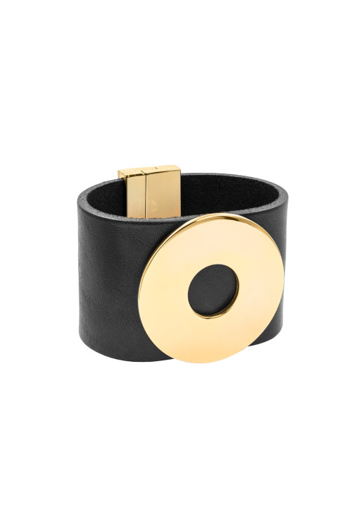 Black leather bracelet with a large, glossy gold-plated stainless steel element