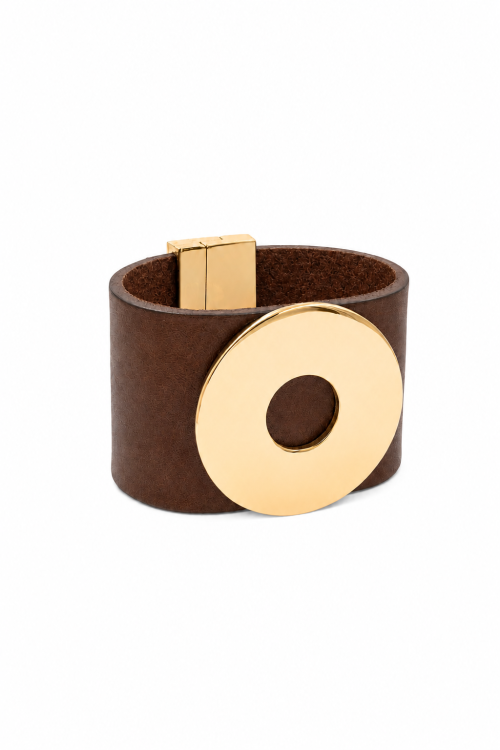 Wide brown leather bracelet with a gold-plated element