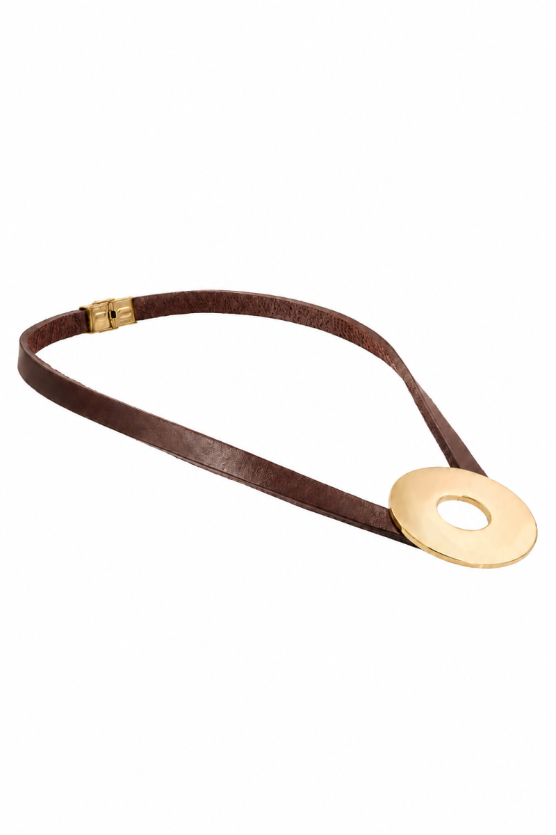Brown leather necklace with a large gold-plated circle