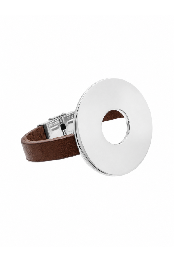 Brown leather bracelet with a large polished steel element