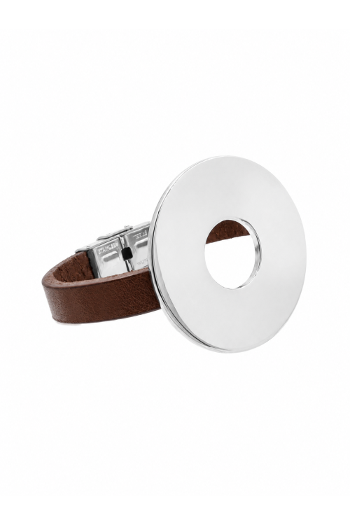 Brown leather bracelet with a large polished steel element