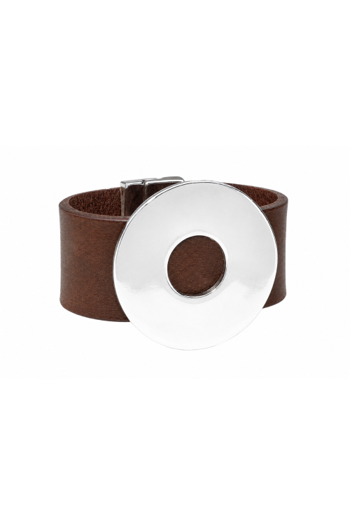 Brown leather bracelet with a polished stainless steel circle