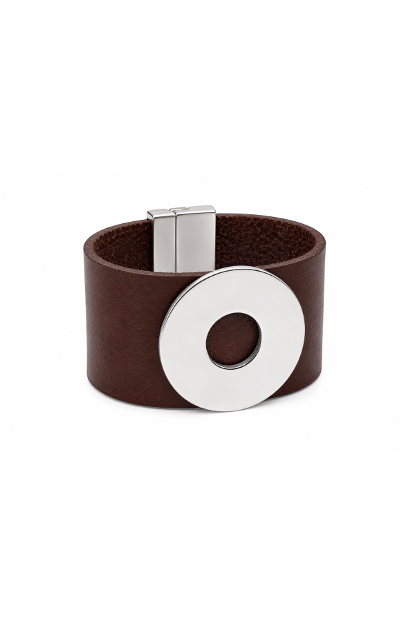 Wide brown leather bracelet with a polished stainless steel circle