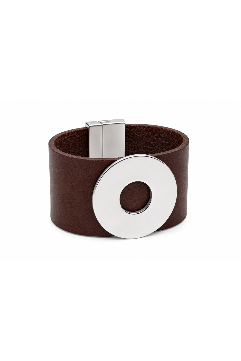 Wide brown leather bracelet with a polished stainless steel circle