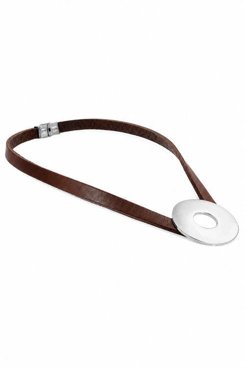 Brown leather necklace with a large polished stainless steel circle