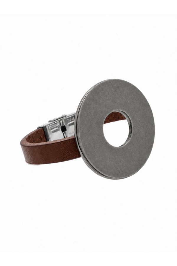 Brown leather bracelet with a large matte grey steel circle