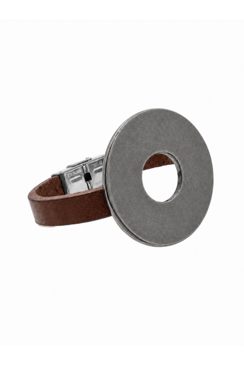 Brown leather bracelet with a large matte grey steel circle