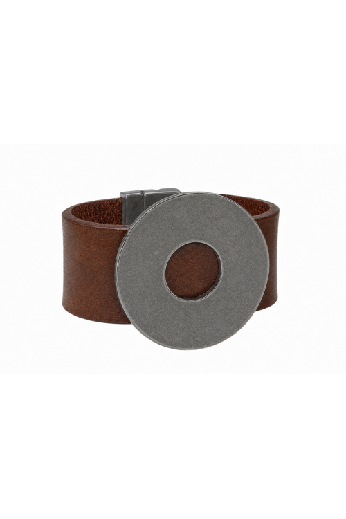 Brown leather bracelet with a matte stainless steel circle