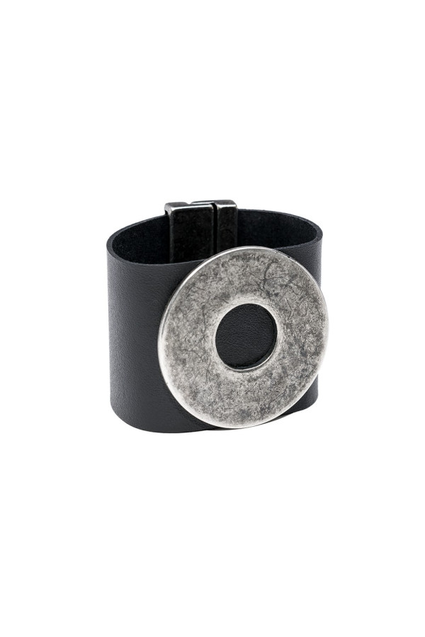 Wide brown leather bracelet with a large matte steel circle 2