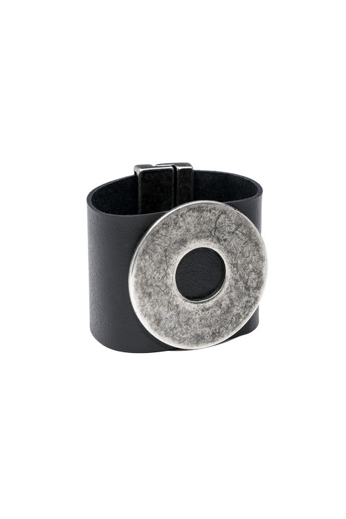 Wide black leather bracelet with matte steel circle and bold minimalist design