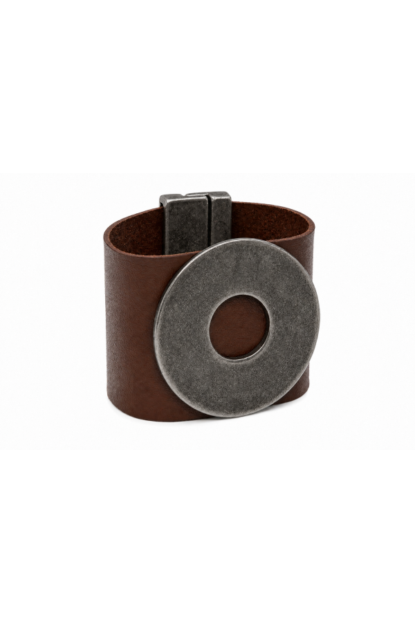 Wide brown leather bracelet with a large matte steel circle