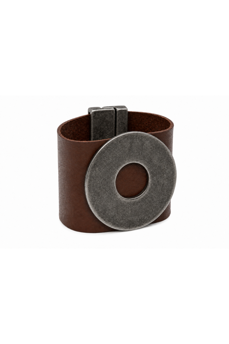 Wide brown leather bracelet with a large matte steel circle