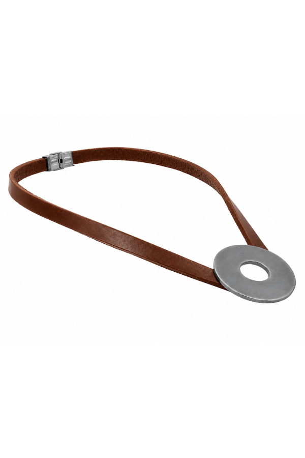 Brown leather necklace with an antiqued matte steel circle