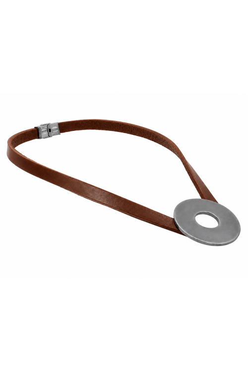 Brown leather necklace with an antiqued matte steel circle