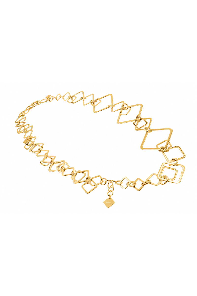 A long 3D necklace in gold-coloured stainless steel with moving elements