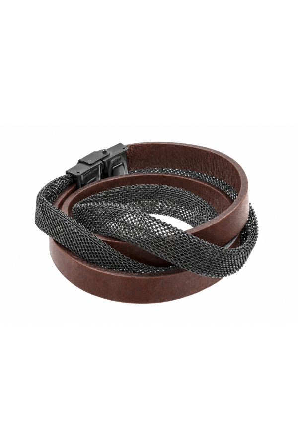 A brown leather bracelet with matt black steel mesh