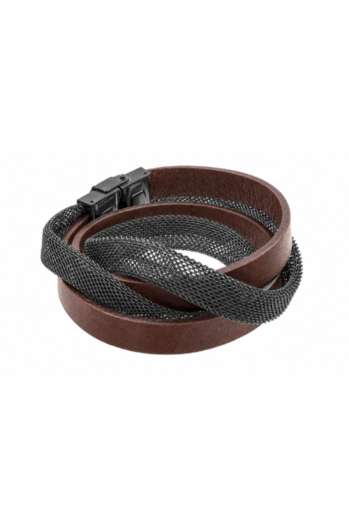 A brown leather bracelet with matt black steel mesh