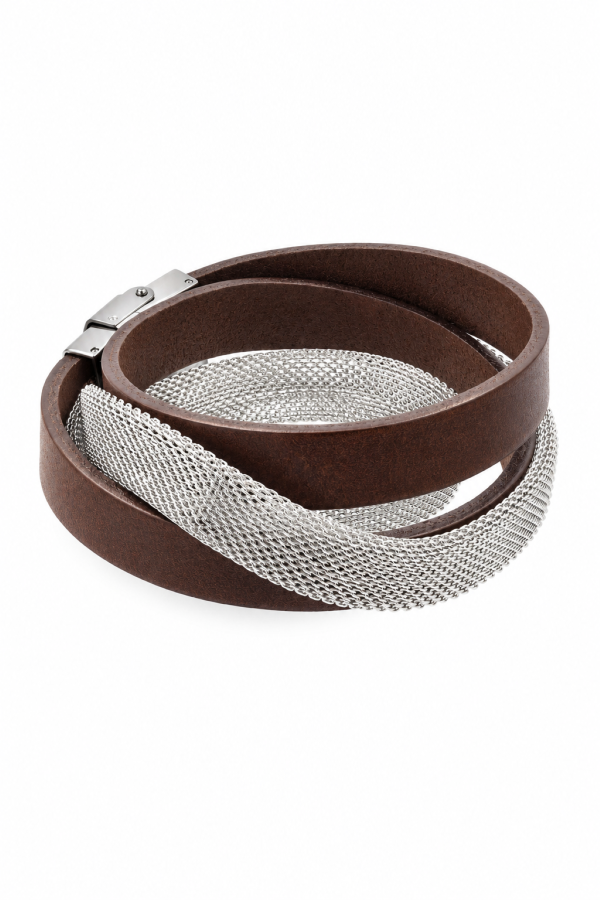 A brown bracelet made of leather and silver steel mesh, with a watch clasp