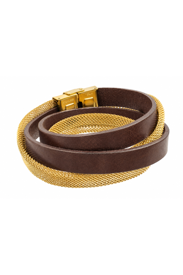 A brown leather and gold-plated steel mesh bracelet with a watch clasp