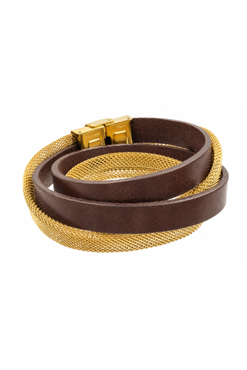 A brown leather and gold-plated steel mesh bracelet with a watch clasp