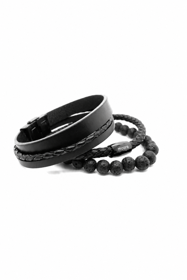Men’s bracelet set with leather and lava stones – modern jewelry